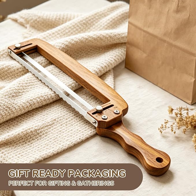 Adjustable Bread Slicer, Wooden Bread Knife for Homemade Sourdough, Ambidextrous Sharp Serrated Stainless Steel Blade, Thickness Guide for Baguettes, Bagels & Sourdough, Ideal Gift for Bakers