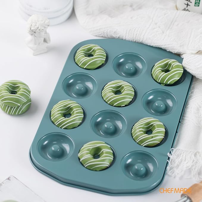 CHEFMADE Mini Donut Pan, Nonstick 12-Cavity Carbon Steel for Baking | Ring Donut Pan for Baking, Bagel Pan Bakeware. Nonstick steel, even heat to 428°F. PTFE/PFOA free. Easy clean (Green)