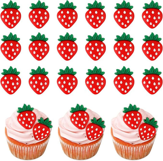 25Pcs Artificial Strawberry Cupcake Toppers 2D Red Strawberries Cupcake Picks Table Decorations for Strawberry Baby Shower Kids Boys Girls Birthday Sweet Fruit Bridal Shower Wedding Party Decorations