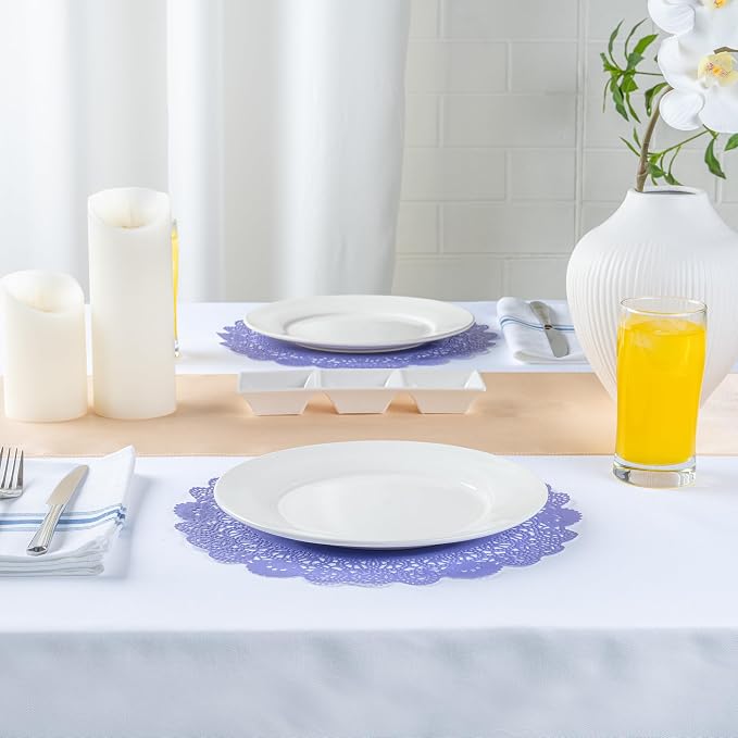 Pastry Tek 12 x 12 Inch Paper Lace Doilies, 100 Disposable Table Doilies - Elegant Lace Finish, Long Lasting, Purple Paper Doily, for Pastries, Cupcakes, Desserts - Restaurantware