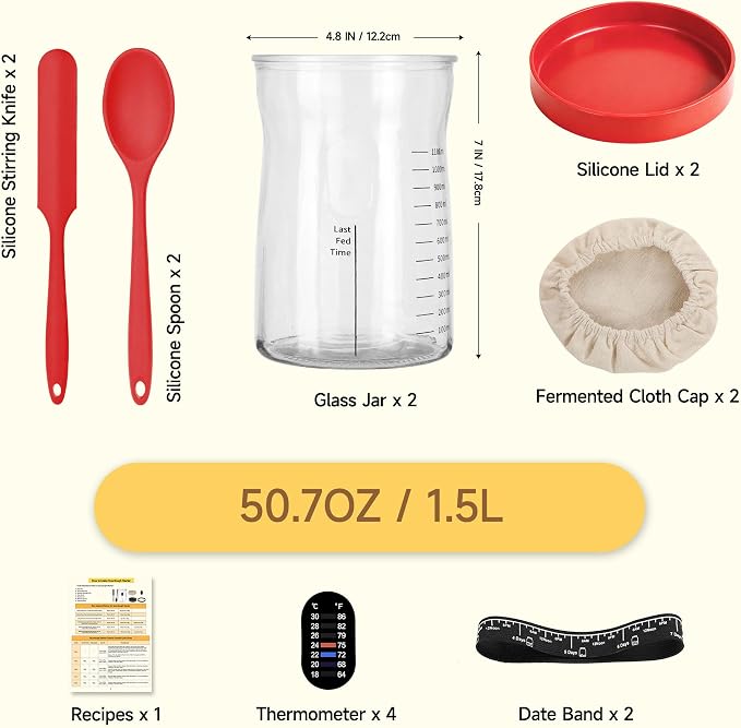 Coco Bird Pro Sourdough Starter Kit- 50oz Large Capacity Sourdough Starter Jar, 17 Flavorful Fermentation Recipes, Sourdough Bread Baking Supplies for Making Delicious Sourdough Breads(Red, 2Set)