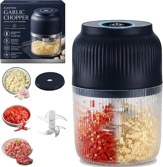 Electric Garlic Chopper, Mini Cordless Food Processor with 6 Stainless Steel Blades, USB Rechargeable Vegetable Mincer for Garlic, Onion, Ginger, Chili, Nuts, Meat & Meal Prep，Blue：6Blades