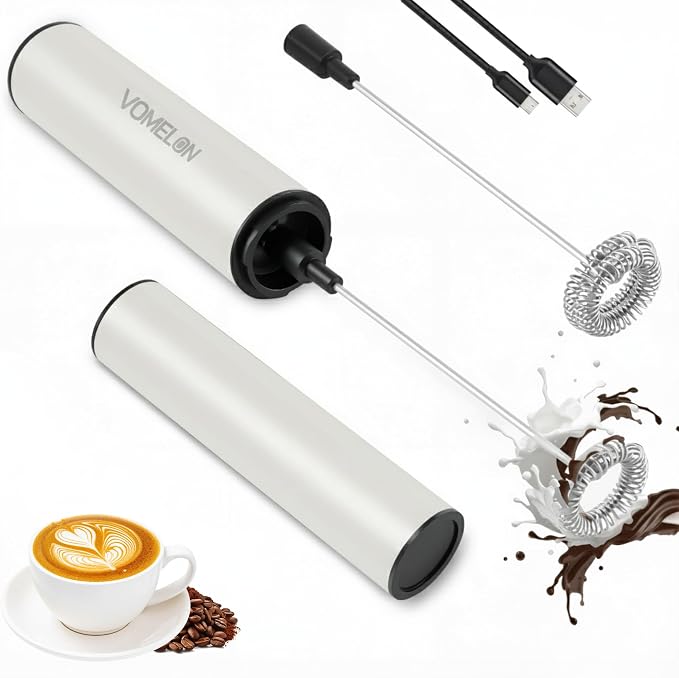 Milk Frother, Rechargeable Battery Operated Frother for Coffee,Portable Drink Mixer with 2 Stainless Steel Whisk Heads,Milk Foamer for Keto Coffee, Latte, Cappuccino, Hot Chocolate,White