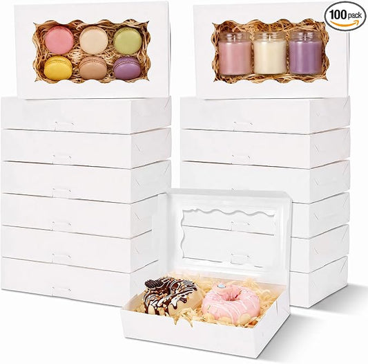 100 Pack White Bakery Boxes with Window 7x4.33x1.5 Inch Paper Treat Boxes for Cookies Macarons Chocolate Truffles Brownies Donuts Christmas Valentine Easter Party Favors