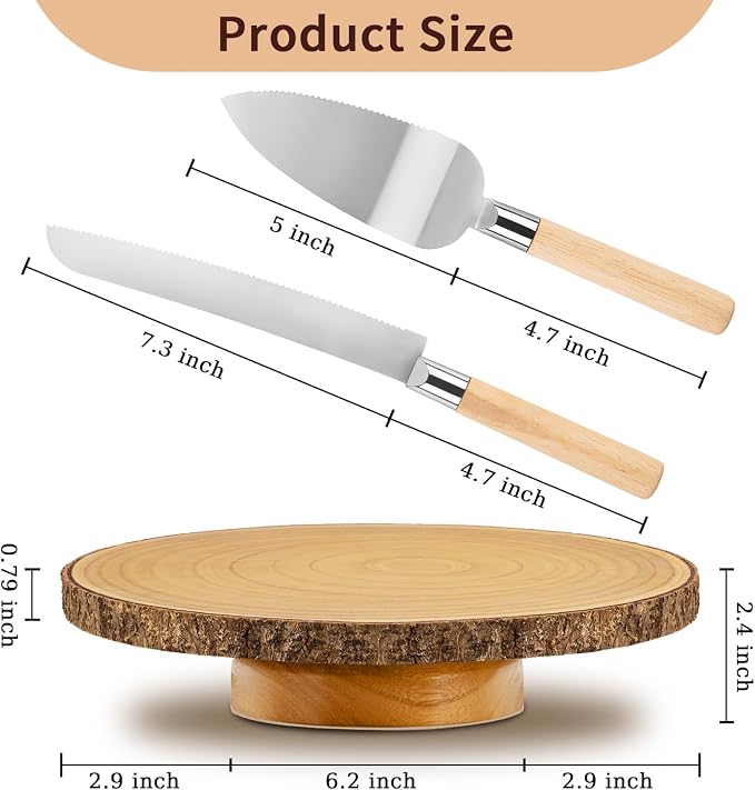 12" Rotating Wood Cake Stand with Cake Cutting Set (Knife and Server) - Rustic Wooden Cake Turntable for Decorating, Party, Wedding, Baby Showers, Reception, Event - Ideal Baking Gift & Decor