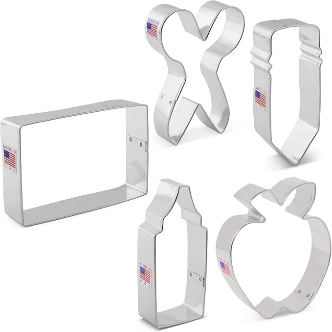 Ann Clark Back to School and Teacher Appreciation Cookie Cutters 5-Pc. Set Made in USA, Apple, Pencil, Crayon, Scissors, Paper