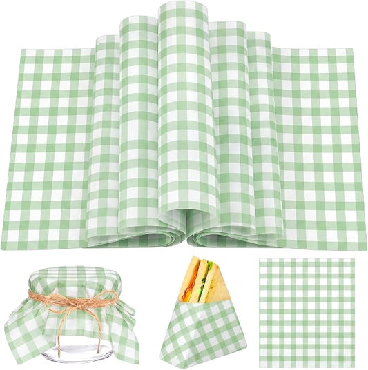 Feifeiya Floral Wax Paper Sheet for Food Chinoiserie Bird Deli Paper Waterproof Sandwich Wrapping Greaseproof Food Basket Liners for Picnic Party Kitchen Supply (200, Green, Checkered)