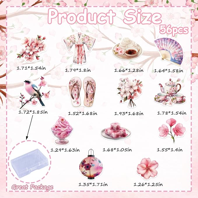 56PCS Edible Cherry Blossoms Cupcake Toppers Japanese Edible Cherry Flowers Tree Cake Picks Wafer Paper Cherry Cupcake Decors for Cherry Theme Party Cake Supplies