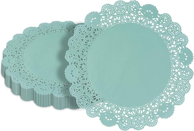 Pastry Tek 12 x 12 Inch Paper Lace Doilies, 100 Disposable Table Doilies - Elegant Lace Finish, Long Lasting, Teal Paper Doily, for Pastries, Cupcakes, Desserts - Restaurantware