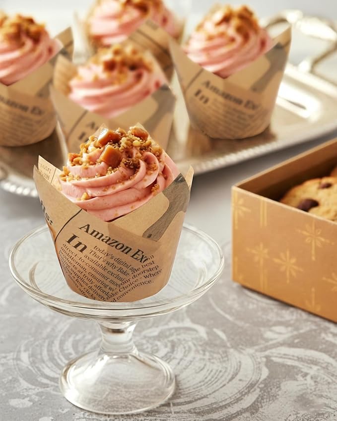 Bake Choice 200pcs Tulip Cupcake Liners for Baking Cups Newspaper Print Parchment Paper Tulip Muffin Liners, Grease Resistant Cupcake Wrappers for Party, Christmas