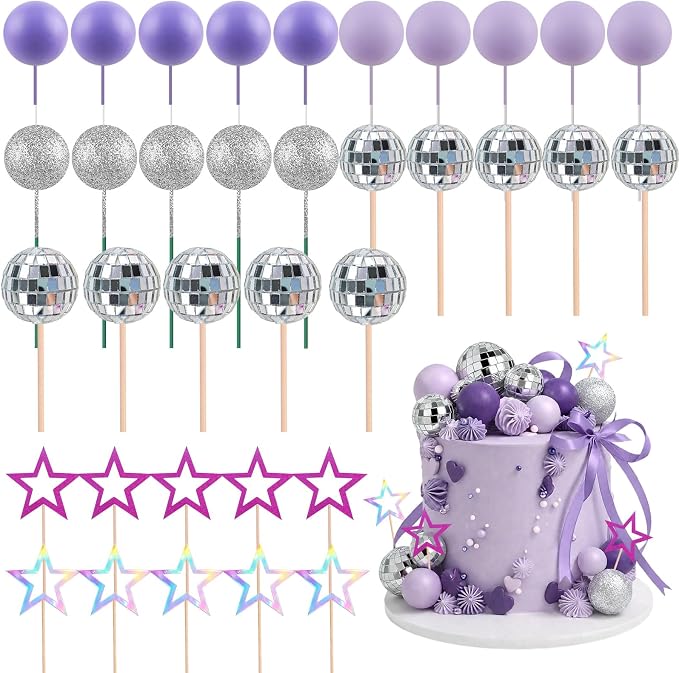 MEMOVAN Purple Disco Ball Cake Topper Singer Stars Cake Decorations | Kpop Cake Topper Popular Singer Birthday Cake Decorations Disco Ball Cake Decoration for Pop Music Disco Bachelorette Party