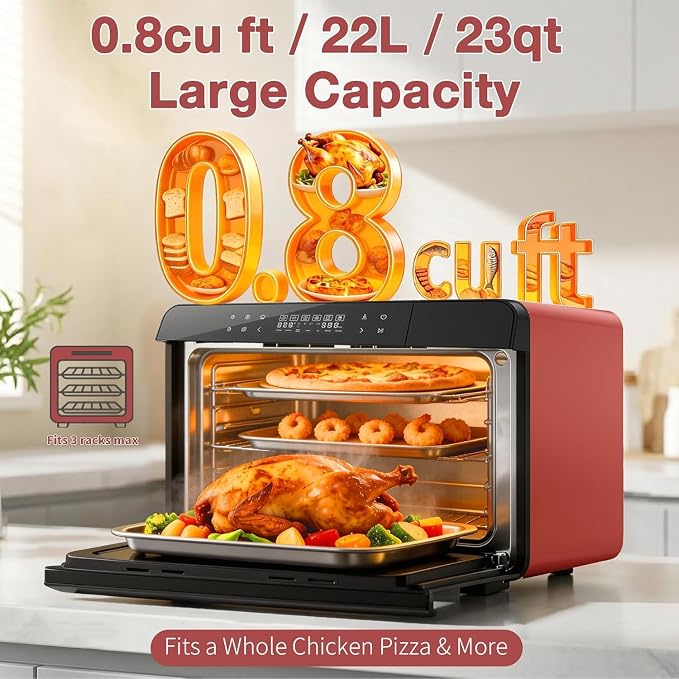 ROBAM Toaster Air Fryer Combi Oven, Countertop Steam Oven 14-in-1 with Convection Steam Roast & Bake, Multi-Stage Cooking, Self-Clean, 7 Modes, 30 Built-In Recipes, for Kitchen Pizza Baking (Red)