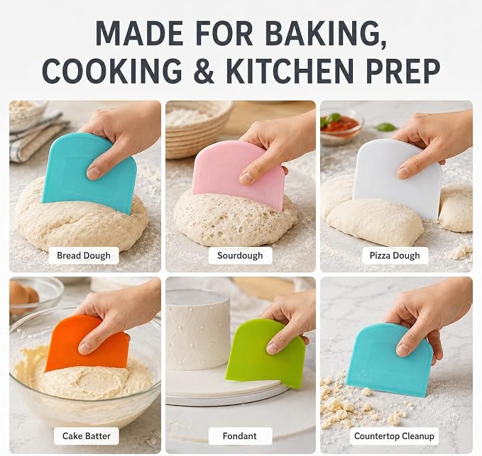 Flexible Dough Scraper & Cutter Set, 5-Piece Bench & Bowl Scrapers | Flexible Plastic, Bench and Bowl Scrapers, Curved Edge, Textured Grip, For Sourdough, Pizza, Fondant, Pastry and Cake Icing