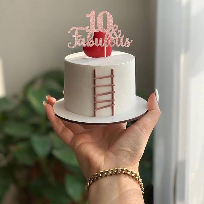 1 PCS 10 & Fabulous Cake Topper Glitter Ten and Fabulous Cake Toppers Happy 10th Birthday Cake Pick for 10th Wedding Anniversary Birthday Party Cake Decorations Supplies Rose Gold