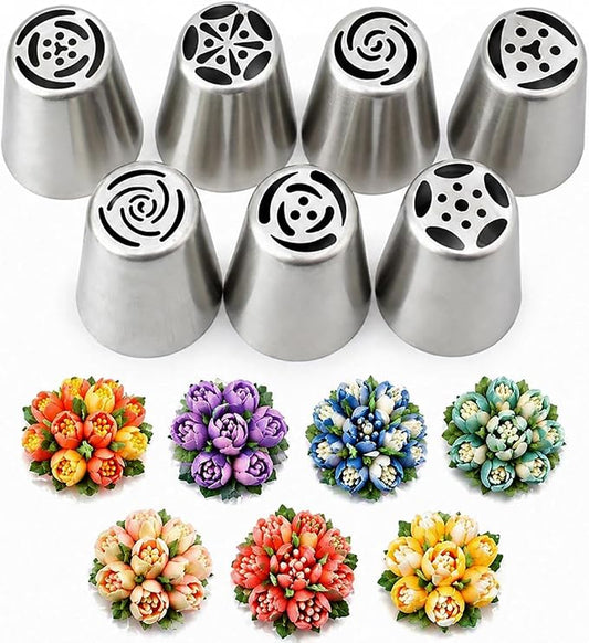 7 Pcs Large Russian Piping Tips Set, Stainless Steel Flower Frosting Nozzles, One-Press Cake Decorating Tips for Buttercream, Cupcakes, Cakes– Dishwasher Safe