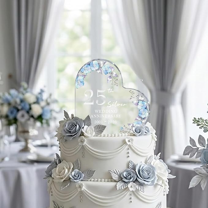 25th Anniversary Cake Topper Acrylic,25 th Anniversary Decorations & Keepsake Gift for Couples（25th Anniversary-Floral Wreath）