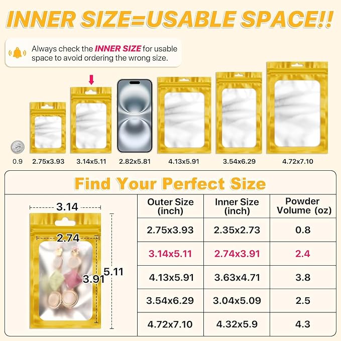 ANZNKU 100 PCS Multicolor Resealable Mylar Bags with Frosted Clear Window, Packaging Bags Foil Pouch Zipper Bag for Candy Food Self Sealing Jewelry Storage Supplies (3.14x5.11)