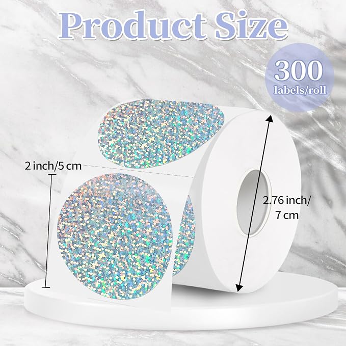 2''Holographic Thermal Label,Round Self-Adhesive Direct Thermal Label,Thermal Stickers for DIY Logo Design,Name Tag (300/Roll Small Dots