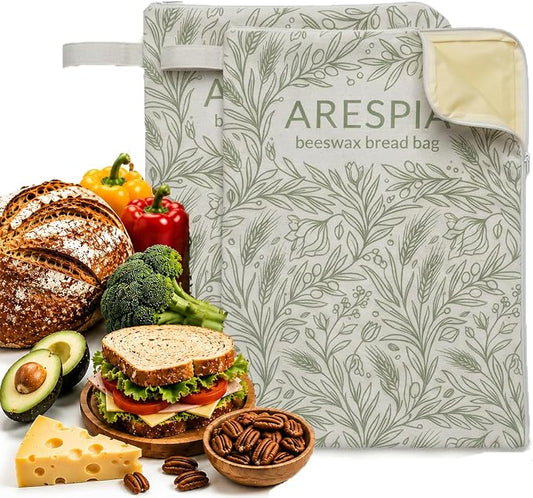 Beeswax Bread Bag with Zipper, Reusable Linen Cotton Bread Bags with Beeswax Lining, 13x17 inch for Homemade Sourdough, Keeps Bread Fresh for Storage (2, Green)
