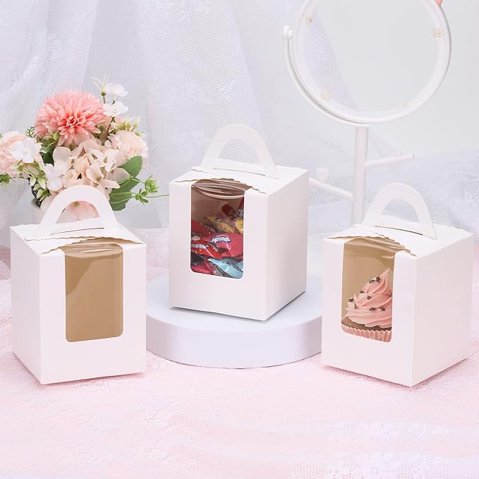 acDesign 100Pcs Cupcake Boxes With Window 3.6in*3.6in*4.3in Cupcake Carrier Individual With Handle and Inserts for Wedding Bakery Wrapping Party Favor Packing(White)
