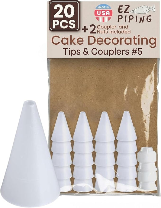 Reusable Plastic Piping Tips Standard Size Round Tip #5 20 Pack with 2 Couplers Round Icing Nozzle for Cake Decoration, Dessert Design Baking Supplies and Piping Bags Base Ø 0.75"Height 1.25"
