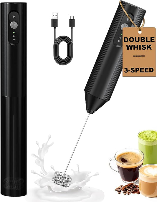 3-Speed Rechargeable Milk Frother Handheld, Dual Coil Whisk Coffee Frother Handheld - Portable Hand Frother Wand for Coffee Matcha Cappuccino & Hot Chocolate, Kitchen Gift, Black