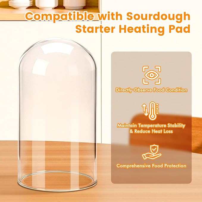 Sourdough Starter Warmer with Glass Dome, Sour Dough Warmer & Glass Cover - 70-100°F Precise 1°F Thermostat Control & 12H Timer Auto Warming ON/Off, Sourdough Warming Mat for 24oz 34oz 40oz Jars