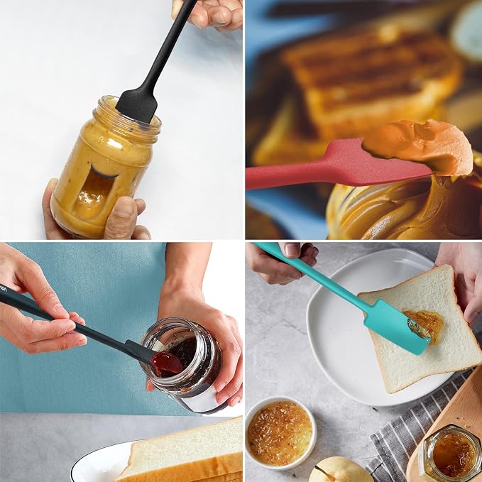 2-Pack Silicone Small Jar Spatulas with Long Handle, Upgraded Heat Resistant Spatula for Non Stick Cookware, Seamless Design, Stainless Steel Core, BPA Free Spoonula, Black