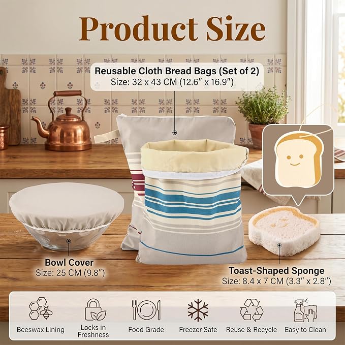 2 Pack XL Beeswax Bread Bags for Sourdough, Organic Beeswax Linen Cotton Bread Storage Bags with Bowl Cover & Cleaning Sponge Set, Fresh Bread Freezer Bags with Sealing Zip for Homesteading