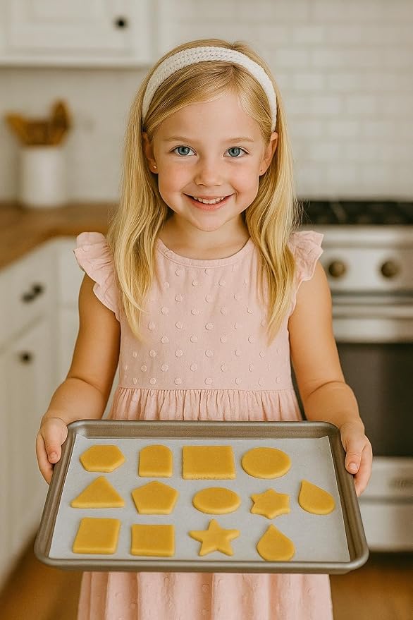 Set of 12 clay cookie cutters with geometric shapes, including a star, square, triangle, oval, circle, window, and more, for cutting fruits, dough, fondant, and pastries for all types of craft uses.