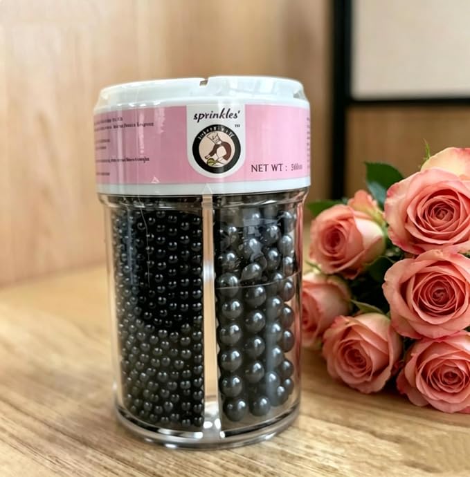 HeDeon&Rles Edible Black Preals Sprinkles for Baking 4 Size（2mm 4mm 7mm 10mm）Black Sprinkles for Cake Cupcake Pancake Icing Decoration Graduation Halloween Supplies