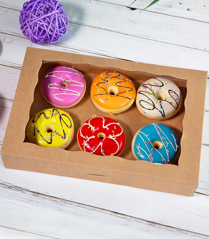 Brown Pastry Bakery Box 14x10x3inch,Large Donuts,Muffins,Cookies Boxes with PVC Window - Auto-Pop up Paper Box Nature Cardboard Take Out Container,Pack of 15