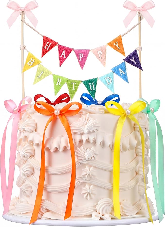 Honeydak Colorful 11 Pcs Bow Ribbon Cake Topper Happy Birthday Cake Bunting Topper with Wood Pole Handmade Pennant Flags with Bows Ribbon for Birthday, Bridal Party Decoration