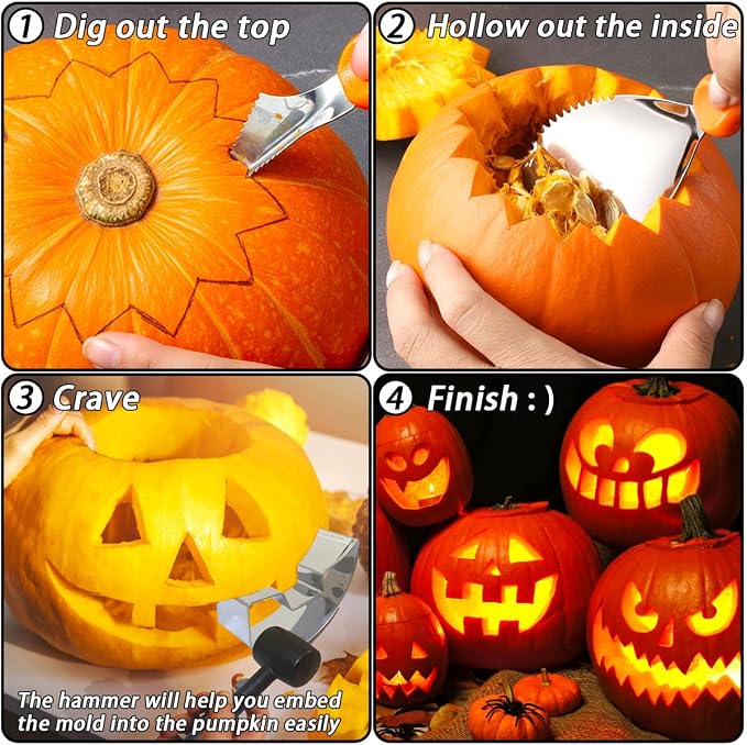Pumpkin Carving Kit 22Pcs Tools, 2” Deep Halloween Pumpkin Carving Stencils Set Metal Mold with Hammer, Safer & Funny Halloween Decoration Cookie Cutters Shapes Pie Pancake