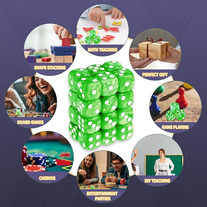 24 of Pack 16MM 6 Sided Dice Set,Pearl Pattern D6 Game Dice Set, 6 Sided Standard Dices for Yahtzee, Bunco or Teaching Math,with Portable Dice Pouch(Green Pearl)