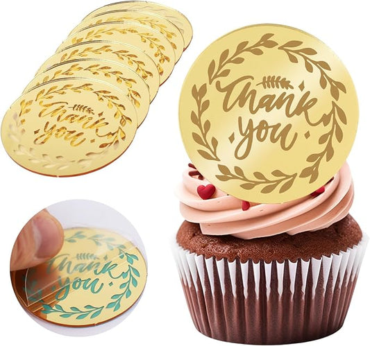 20Pcs Gold Thank You Cupcake Topper Acrylic Mirror Birthday Cake Toppers Thanksgiving Cake Toppers for Decorations Gold Topper for Mother's Gift Flower Party Teacher Appreciation DIY Crafts Decor