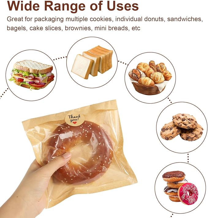 100pcs Cookie Bags with Seal 7.5x7.1 inch Heat Sealable Grease Resistant Baked Goods Packaging Cookie Bags for Gift Giving Cookies Packaging Supplies for Bagel Brownie Bakery Pastry Donut Cake Slices
