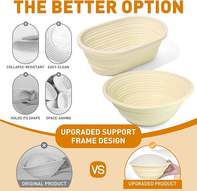 Sourdough Starter Kit,9" Round & 10" Oval Silicone Banneton Bread Proofing Basket Set with Reinforced Support,Sourdough Bread Baking Supplies Kit,34oz Sourdough Starter Jar,Baking Mat(Yellow)