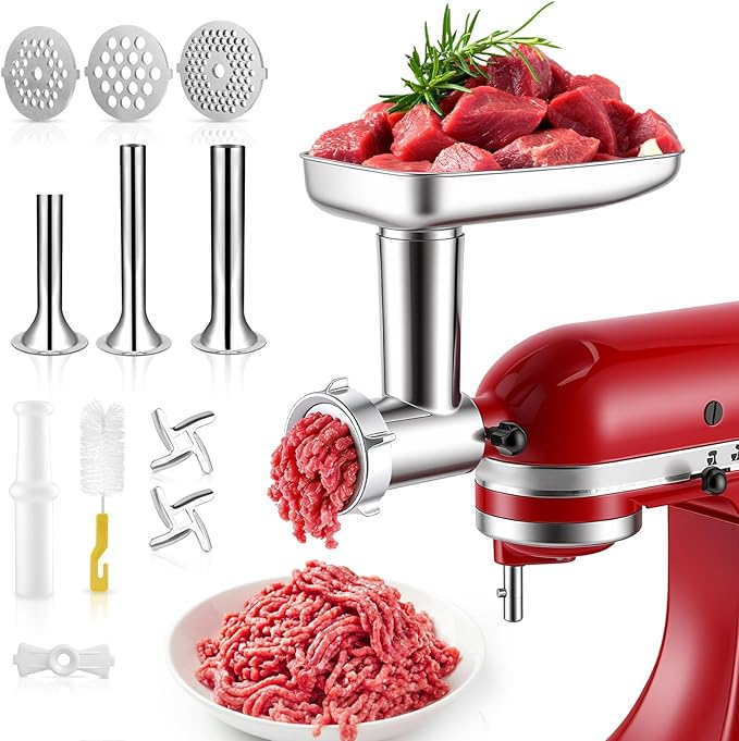 Stainless Steel Meat Grinder Attachment for KitchenAid Stand Mixer, Food Grade, Heavy Duty, No Clog, Dishwasher Safe, Sausage Stuffer & Burger Maker