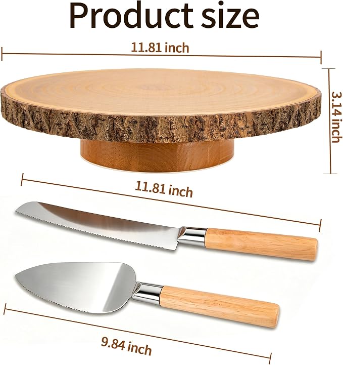 Rotating 12" Rustic Wood Cake Stand + Elegant Cutting Set — Smooth 360° Turntable for Wedding Cakes, Baking & Party Display