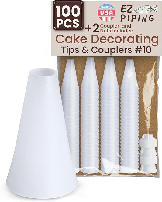 Reusable Plastic Piping Tips - Standard Size Round Tip #10 100 Pack Icing Nozzles Plastic Cake Decorating Tool Kit, Baking Supplies and Piping Bags, Base Ø 0.75",Height 1.25"