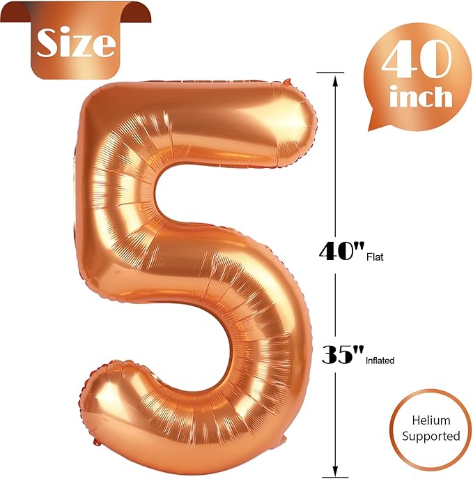 Orange Number 5 Balloon 40 Inch, 5th Birthday Party Decorations for Children, Giant 5 Foil Balloon for Party Supplies