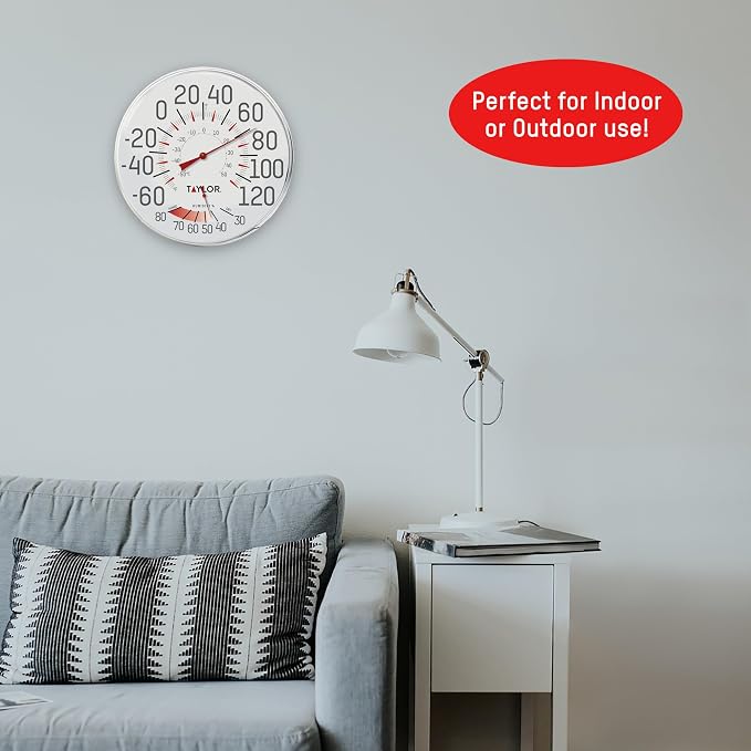 Taylor Metal Wall Indoor Outdoor Thermometer and Hygrometer, Easy to Read Numbers for Patio, Pool, and Indoor Areas, 12 inch, White (Pack of 5)
