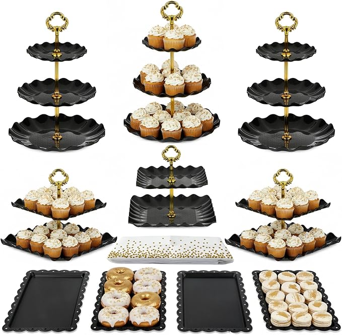 Pack of 11 NWK Cake Stand Set, with 3 x Two-Tier and 3 x Three-Tier Cupcake Stands, 4 x Appetizer Trays, 1 x Tablecloth for Birthday Bridal Baby Shower Party (Black)