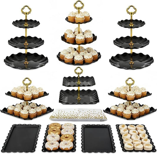 Pack of 11 NWK Cake Stand Set, with 3 x Two-Tier and 3 x Three-Tier Cupcake Stands, 4 x Appetizer Trays, 1 x Tablecloth for Birthday Bridal Baby Shower Party (Black)