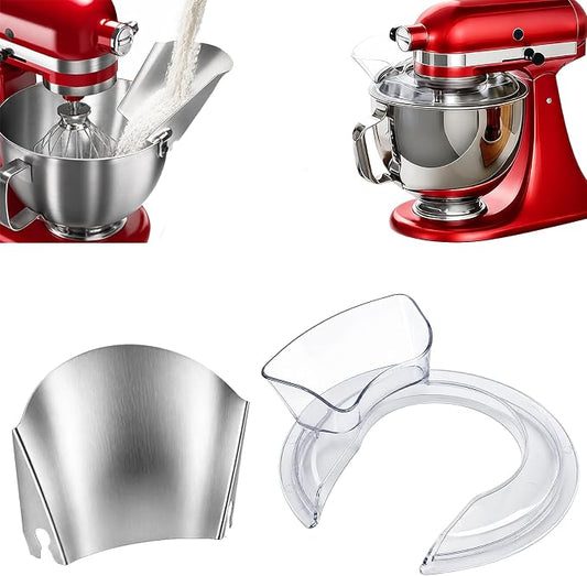Stainless Steel Pouring Chute with Splash Guard Bowl Lid Combo, Replacement Accessories Fit KitchenAid 4.5-5 Quart Tilt Head Stand Mixer,Anti-Spill Bowl Cover & No-Mess Pour Guide Mixer Attachments