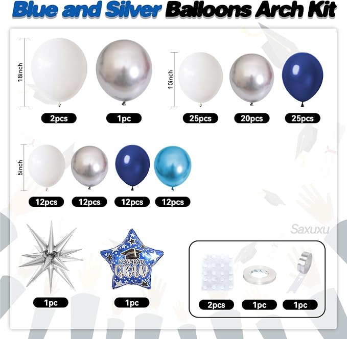Blue Silver Graduation Balloon Arch, Blue Silver White Balloons Garland Kit, Star Foil Balloons Navy Metallic Blue Balloon For Graduation Birthday Anniversary Bachelorette Party Wedding Decorations