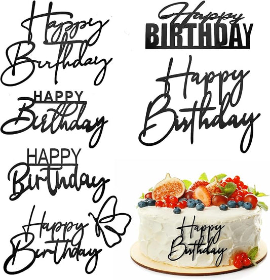 6Pcs Cake Toppers Happy Birthday Acrylic Cake Topper Happy Birthday Cake Sign Picks Happy Birthday Cake Decorations Cake Stick Decor for Celebrating Birthday Anniversary Party(Black)