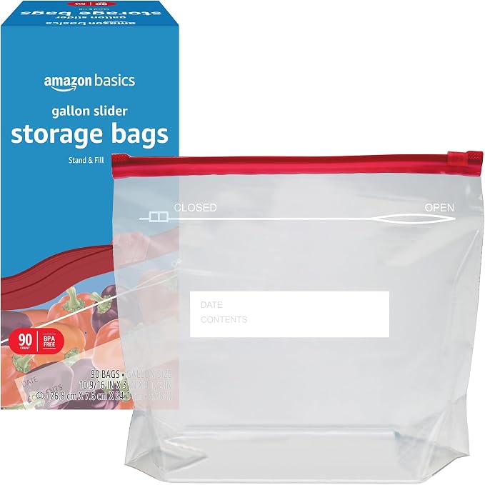Amazon Basics Slider Gallon Food Storage Bags, BPA Free, Stand-Up Bottom, Easy to Fill, 90 Count (Pack of 2)