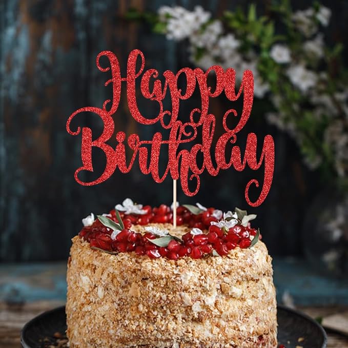 Happy Birthday Cake Topper- Glitter Happy Birthday Cake Decor, Handmade Anniversary/Birthday Party Supplies (Red)